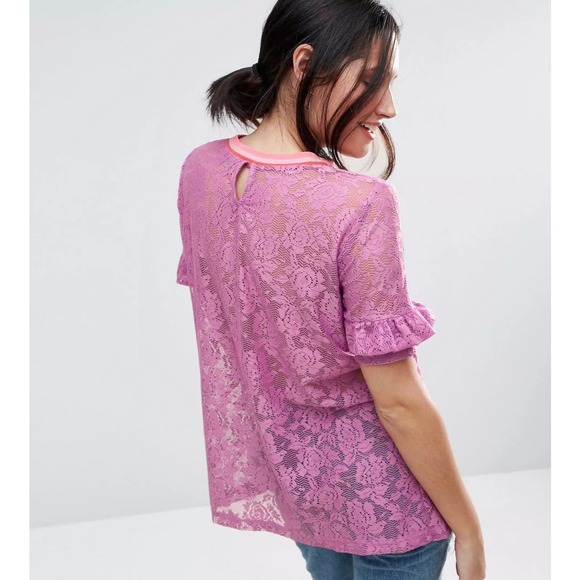 ASOS Maternity Lilac Lace Ruffle Sleeve Stripe Tipping T-Shirt Size 18 - Picture 3 of 13
